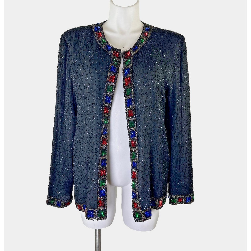 Laurence Kazar Vintage Beaded Silk Jacket‎ Black Multi Color Sequin Womens 1X
